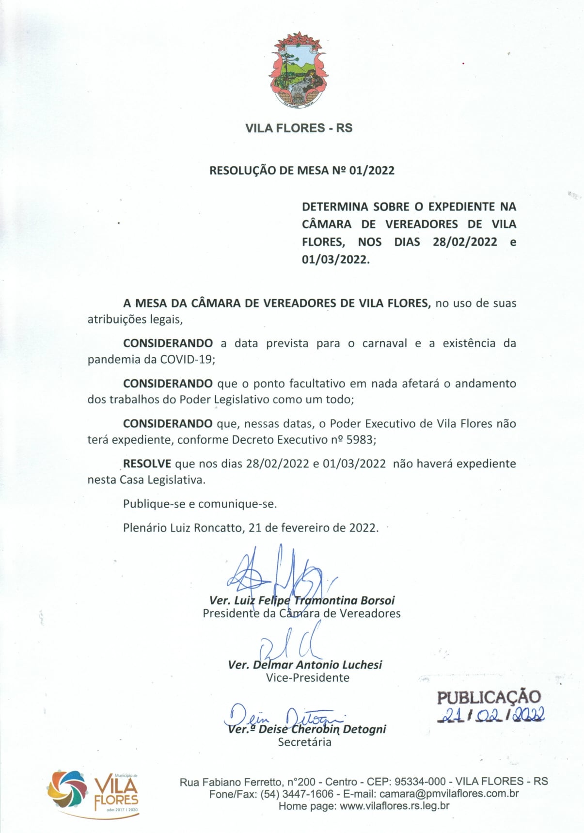 Expediente na Câmara de Vereadores nos dias 28/02/2022 e  01/03/2022. 